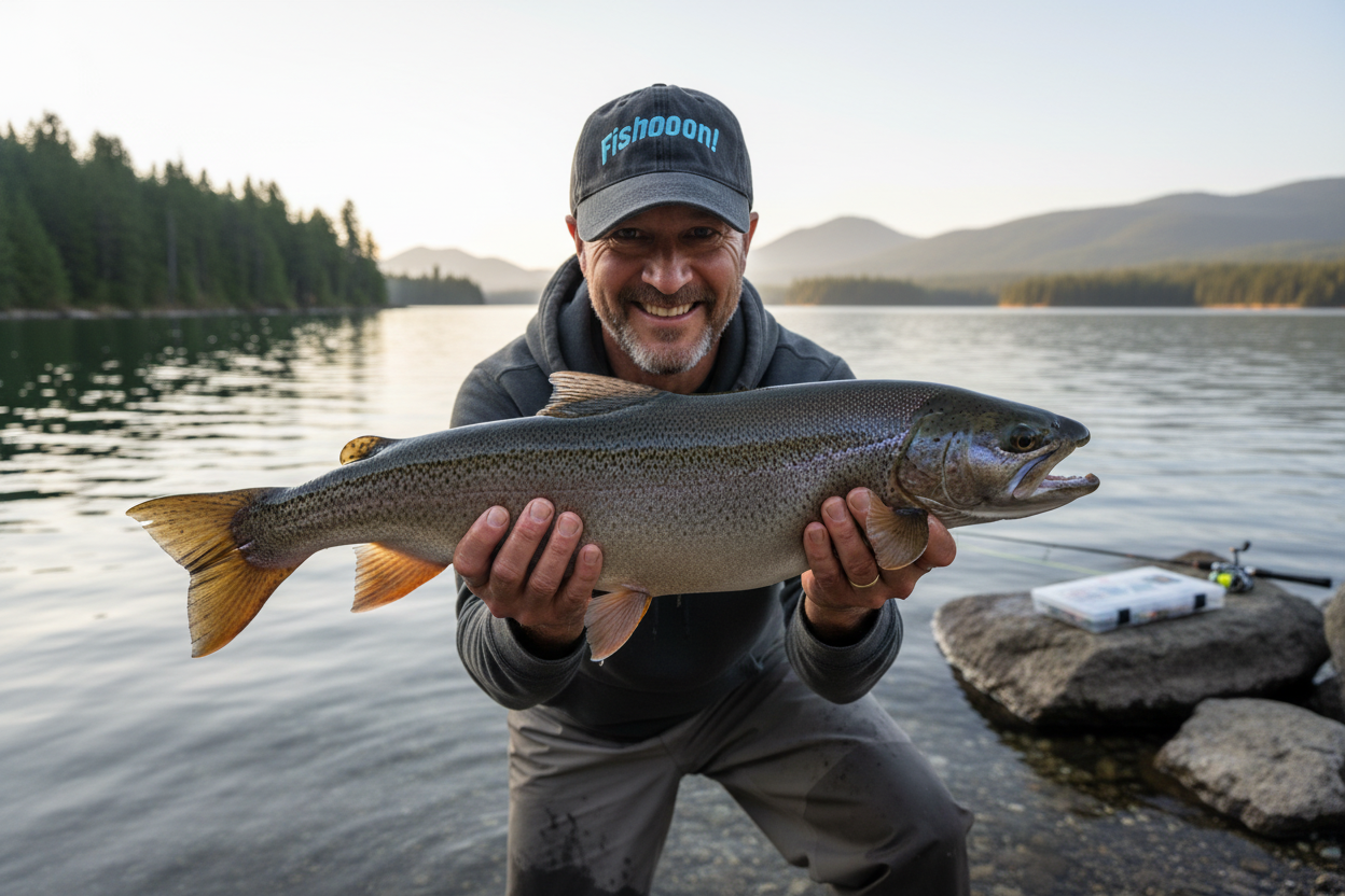 Person wearing Fishooon charcoal dad hat holding up a big fish catch near a lake