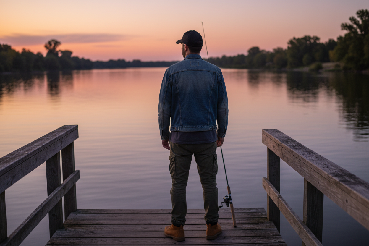 Person wearing Keep It Reel black dad hat standing on a dock at dusk