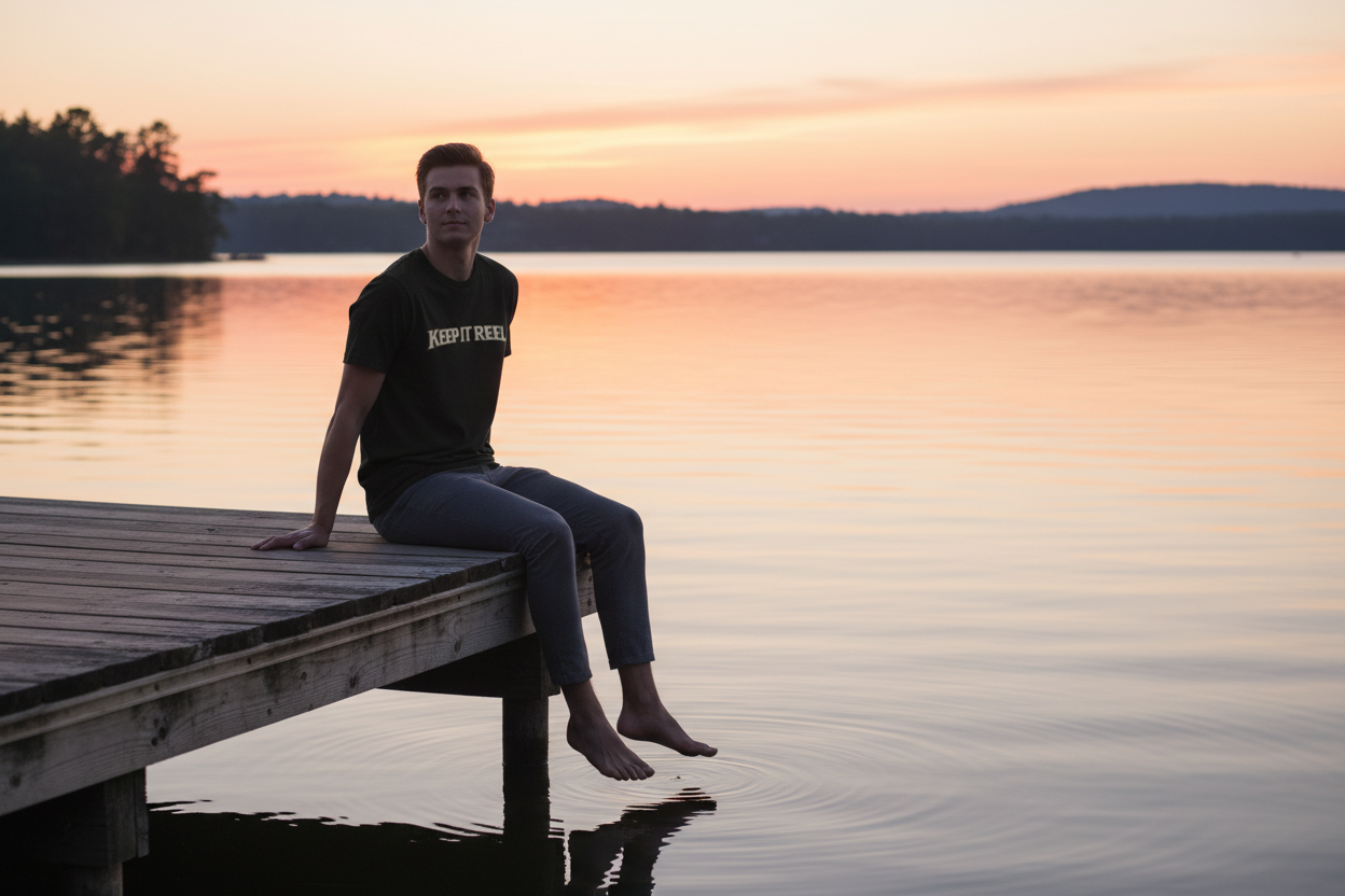 Person wearing Keep It Reel black tee sitting on a dock at sunset with feet over the water