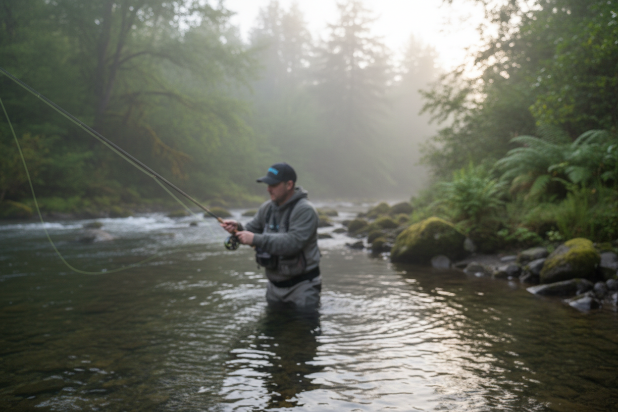 Person wearing Fishooon charcoal dad hat wading in a shallow river fly fishing