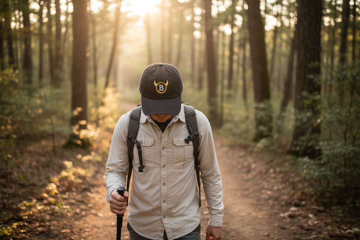 Person wearing Horned B black distressed dad hat walking through outdoor trail in the woods