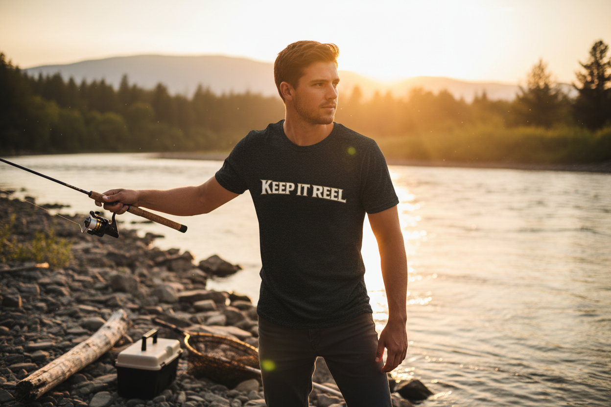 Person wearing Keep It Reel black tee fishing on a river bank at golden hour