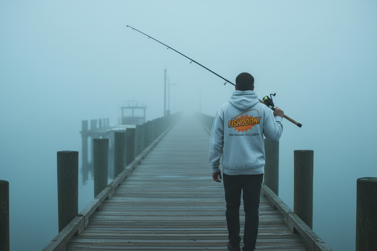 Person wearing Fishooon gray Champion hoodie walking down a misty morning dock with a fishing rod