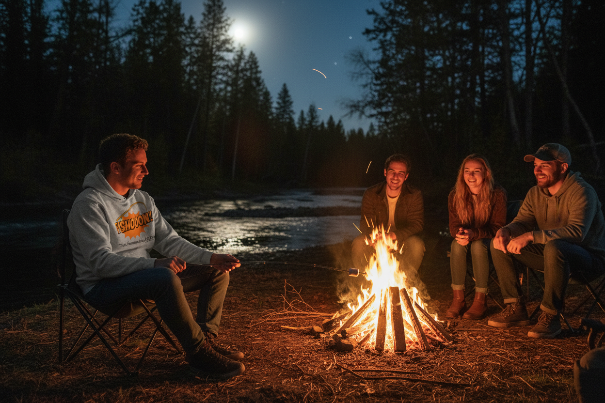 Person wearing Fishooon gray Champion hoodie sitting around a campfire with friends near a river