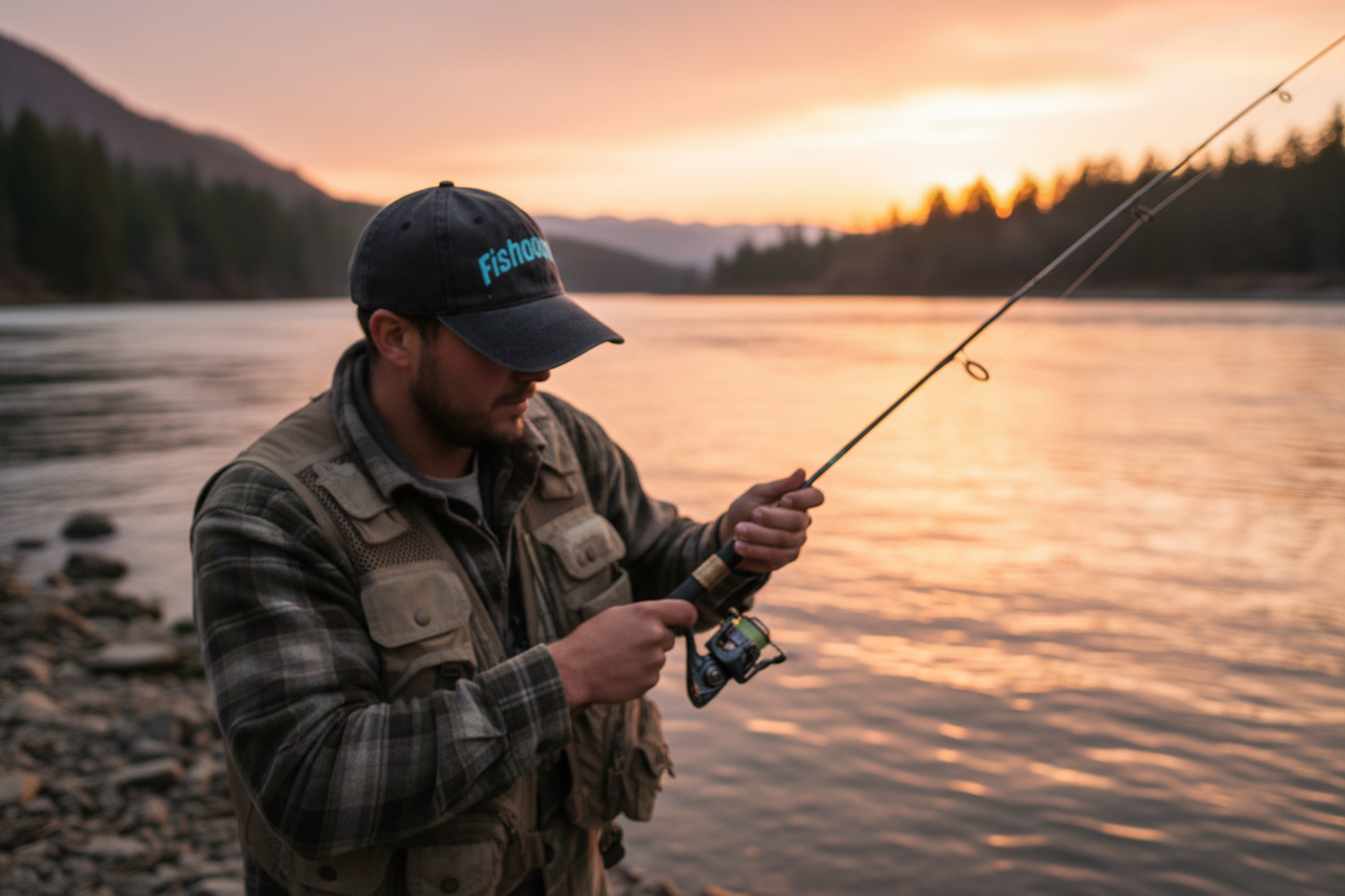 Person wearing Fishooon charcoal dad hat casting a fishing line on a river at golden hour