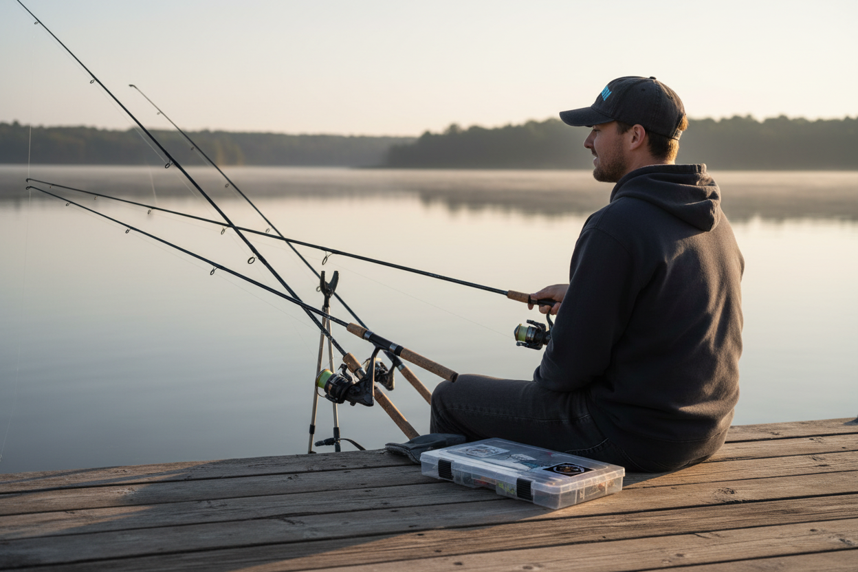 Person wearing Fishooon charcoal dad hat sitting on a dock with tackle box and fishing gear