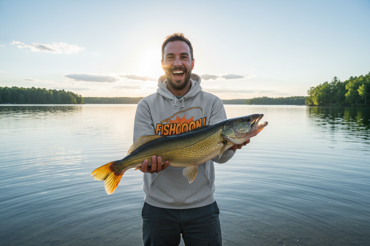 Person wearing Fishooon gray Champion hoodie holding up a big fish with excitement