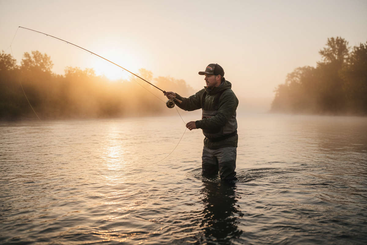 Man fly fishing in river wearing Fishoooon camo hat