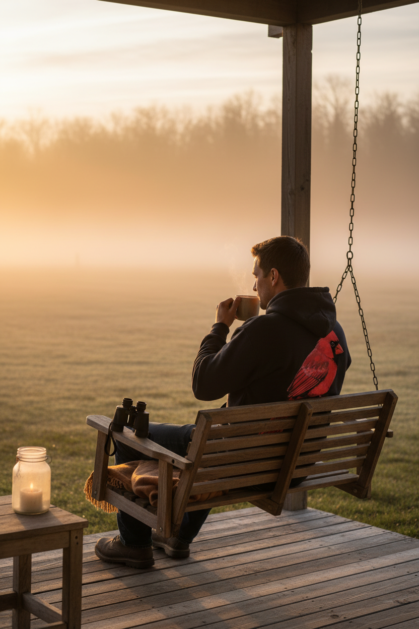 Porch swing at sunrise with binoculars