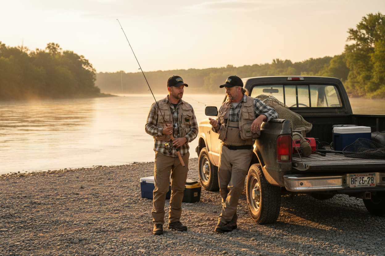 Two guys by truck at river wearing Maumee River hats