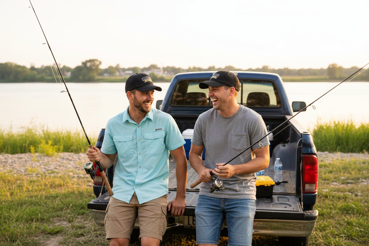 Two guys fishing by truck wearing Maumee River hats