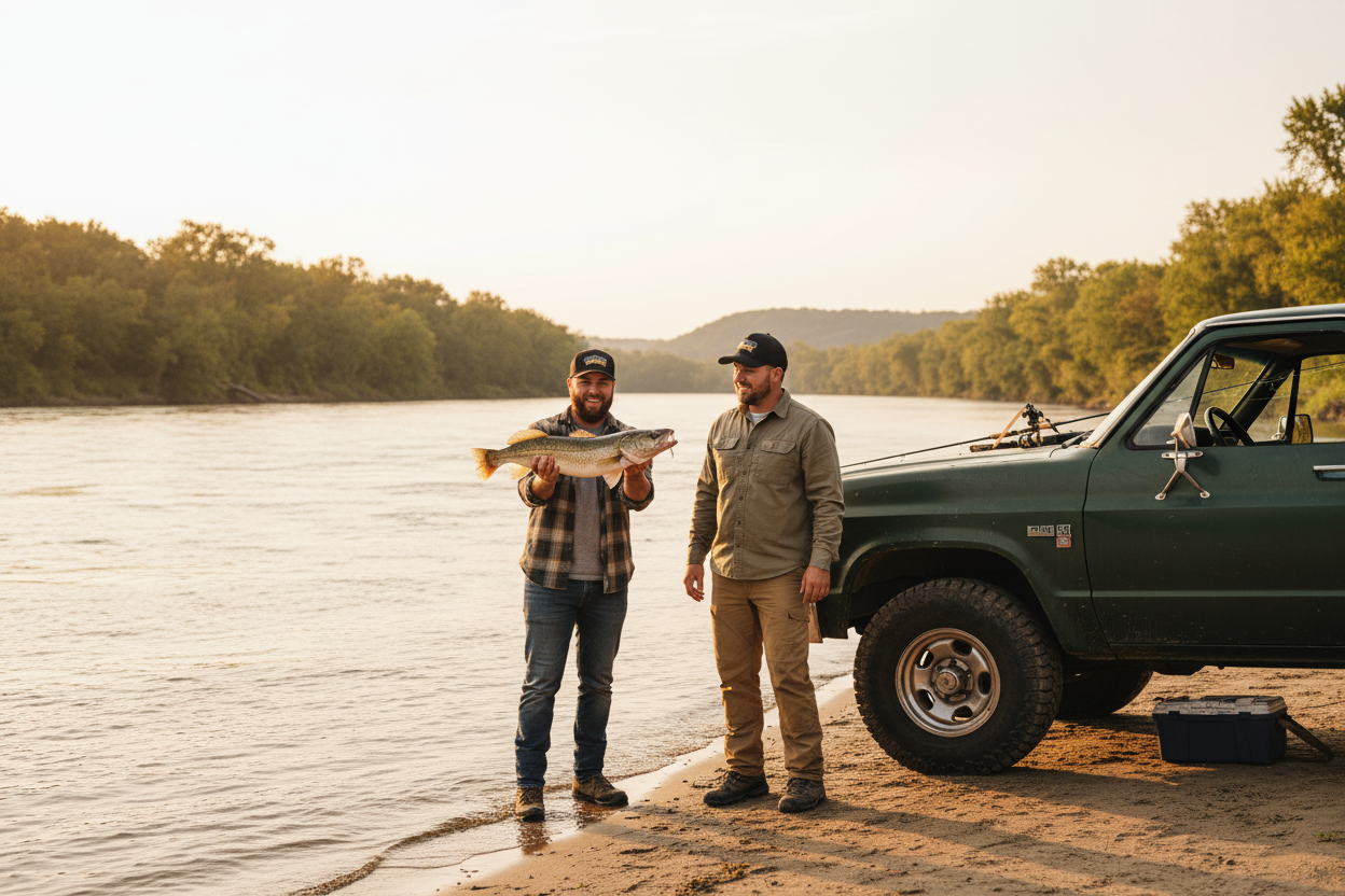 Two guys holding fish by river wearing Maumee River hats