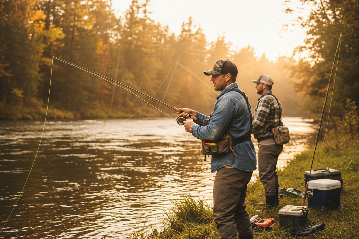 Two men fishing wearing Fishoooon camo hat