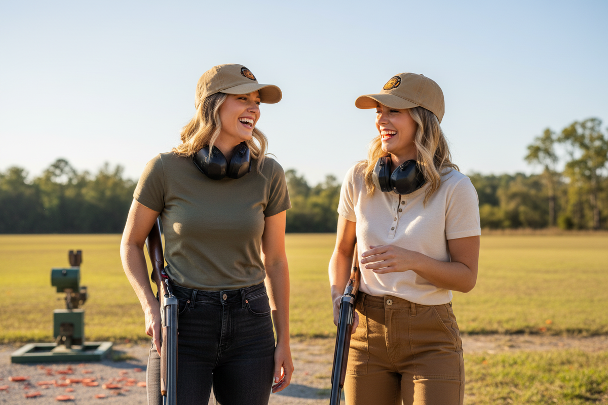Two women at trap range wearing Gertie hat